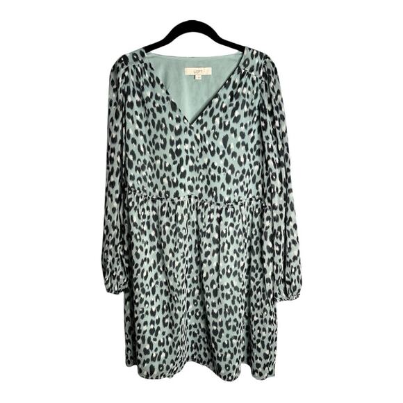 Loft Blue Leopard Print Long Sleeve High Waist Dress With V Neckline Size Small - Picture 1 of 7